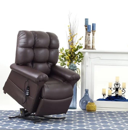 A brown leather lift chair